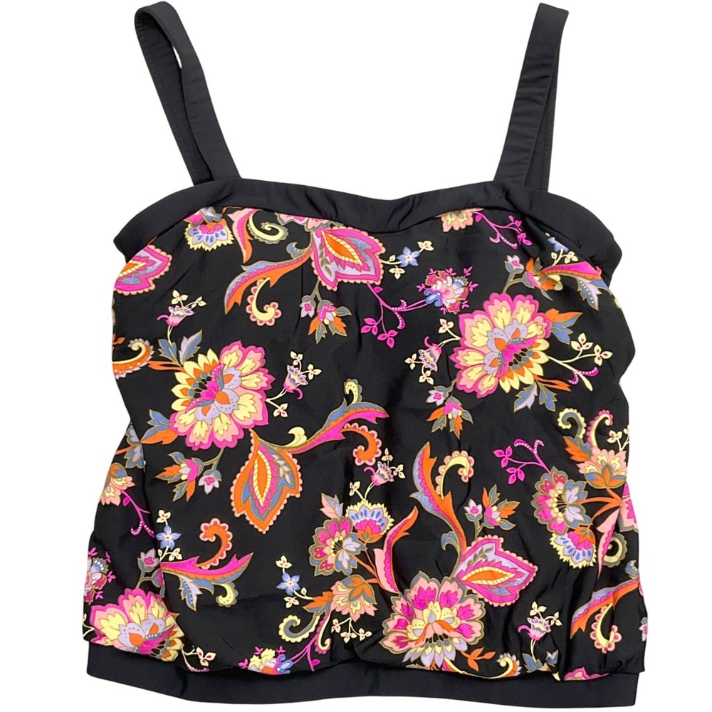 Miraclesuit Tankini Women M Black Vibrant Floral Pad Blouson Swim Top Beach